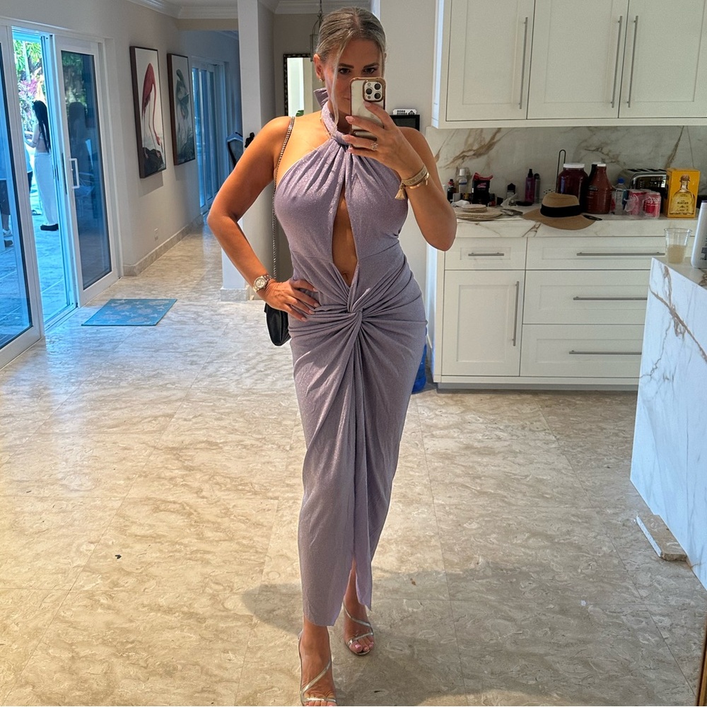 $285 Baobab kena shimmer halter dress in Tesoro